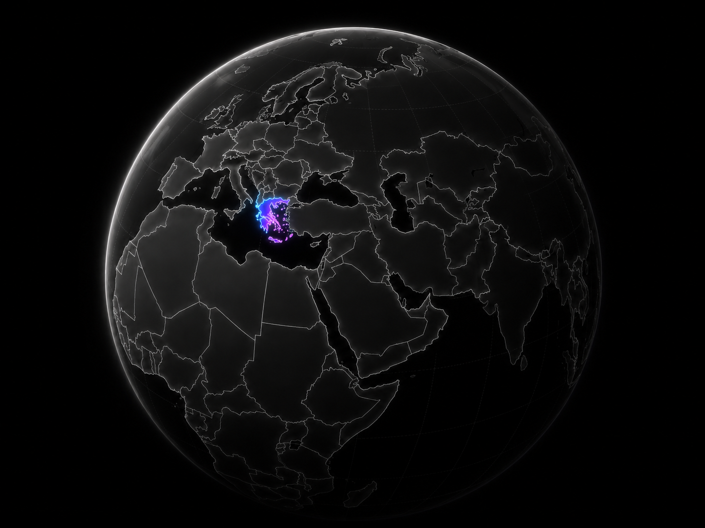 Dark globe centered on Europe and the Mediterranean with Achaia highlighted in blue and violet